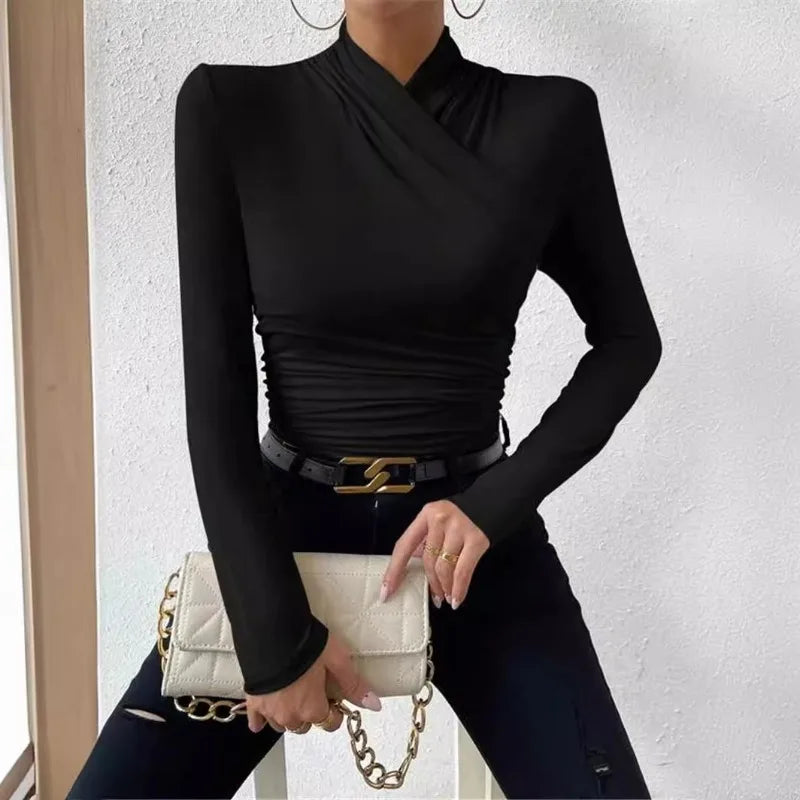 Women's Clothing Autumn Winter Tshirts New Design Cross Neckline Versatile Pleated T-shirt Comfortable Fashion Slim Fit Sexy Top.