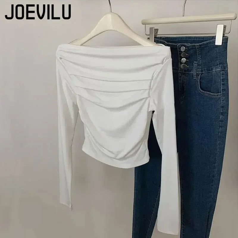 JOEVILU Pleated Off Shoulder Crop Tops Women's Slim Fit Long Sleeve T-shirt Korean Fashion Niche Base Shirt Aesthetic Clothes.