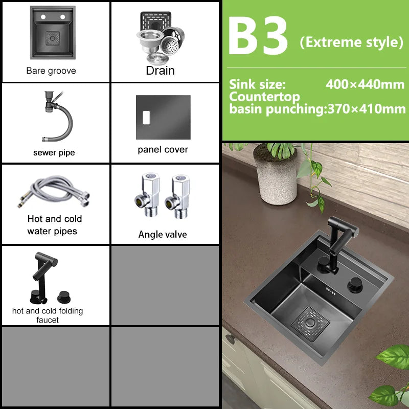 Stainless Steel Kitchen Sink Multifunctional Hot and Cold Water Adjustment Hidden Mini Sink Bar Apartment Hand Wash Basin