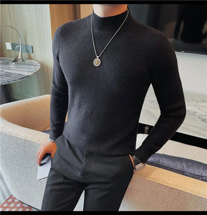 Half Turtleneck Sweater Men with Striped Wool in Autumn Winter Thickened Slightly Loose Base Knitted.