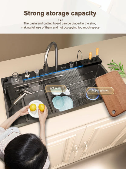 Stainless Steel Waterfall Kitchen Sink Extra Large Single Slot Multifunctional Sinks Digital Display Dishwashing Basin