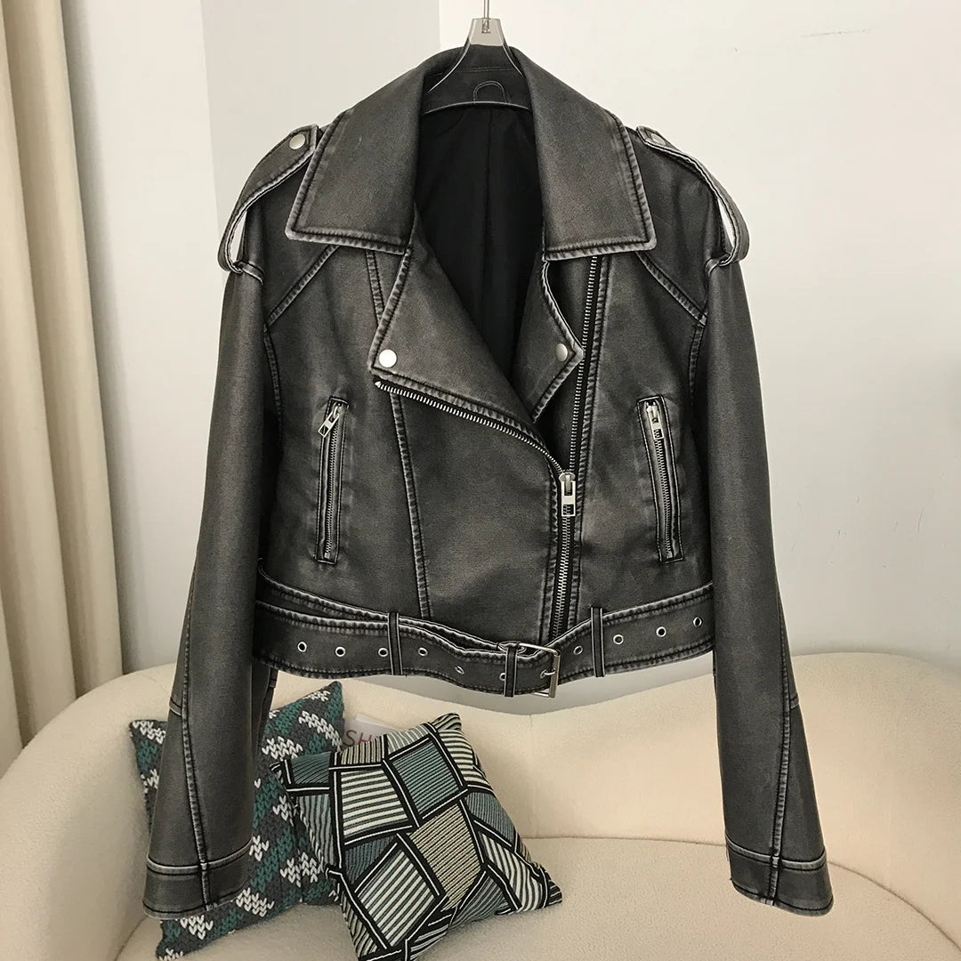 Neue Frühjahr Frau Faux Leder Jacke Chic Vintage Amerikanische straße tragen Kurze Revers Zipper Gürtel Biker Mäntel Mode Streetwear.