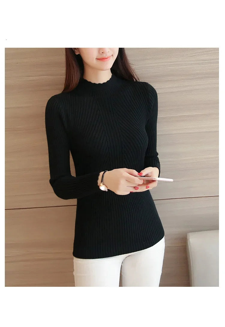 Frauen Mock Neck Rüschen Pullover Langarm Gestrickte Bodenbildung Solide Pullover Frauen Casual Streifen Pullover Herbst Winter 2023.
