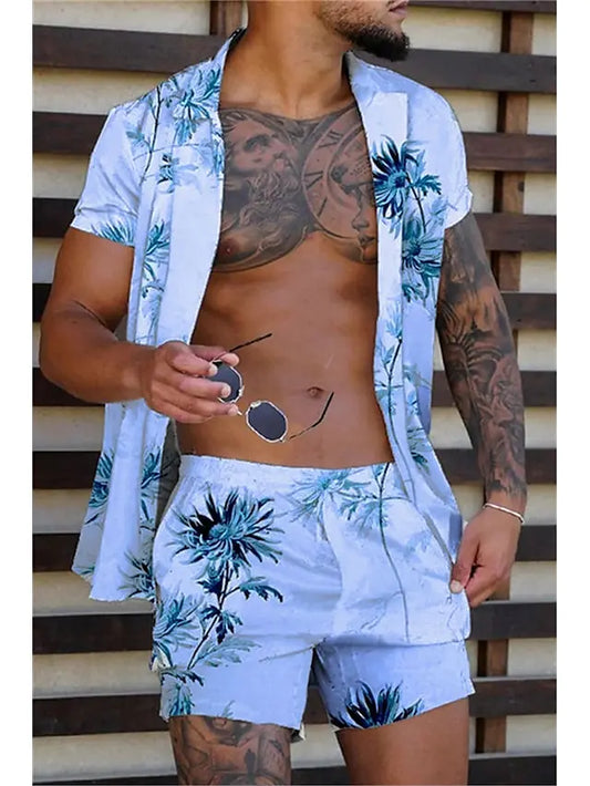Hawaiian Plants Multicolor Print Men's Shirt and Shorts Two Piece Set Casual Vacation Men's Shirt Set Short Sleeve Button Shirt.