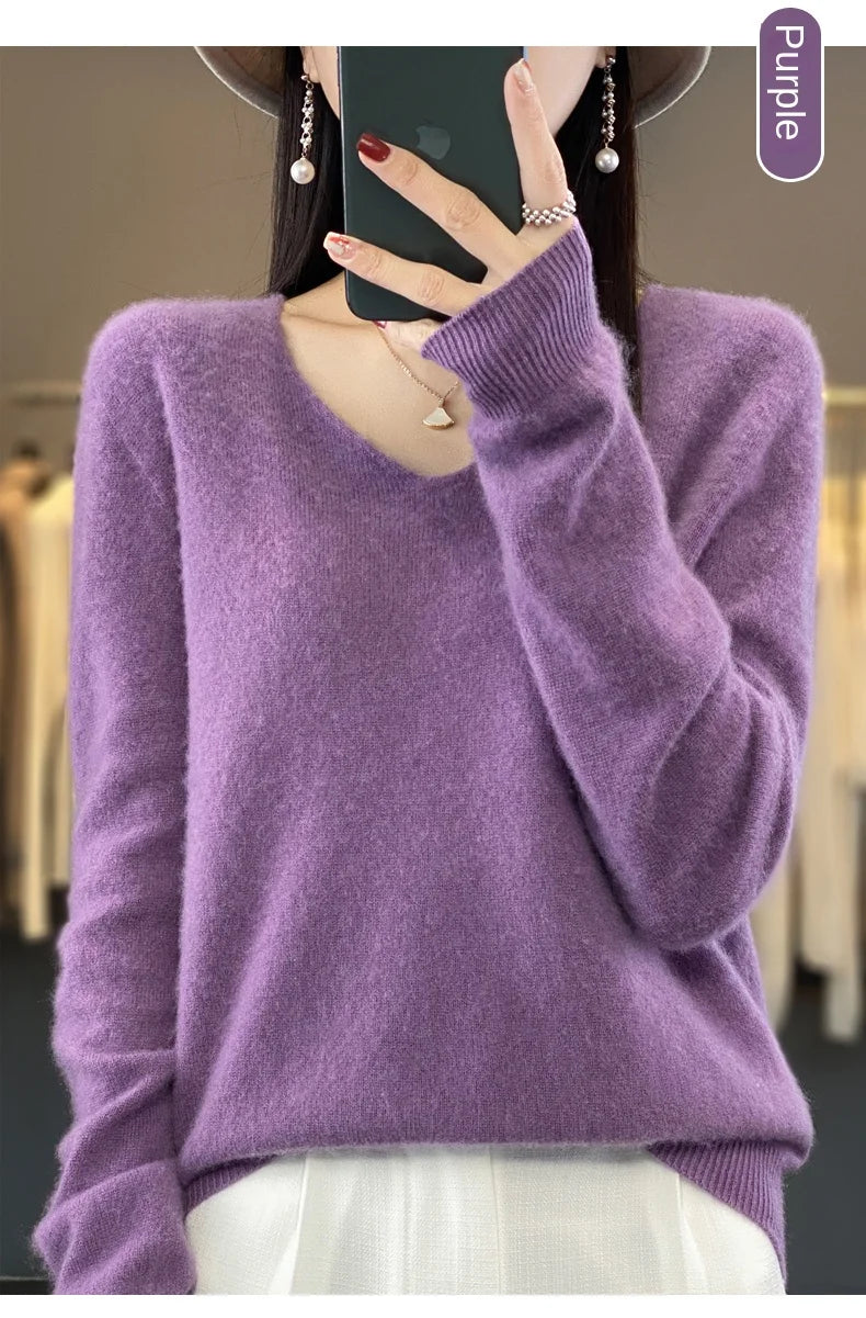 2024 100% Merino Reine Wolle V-ausschnitt Herbst Und Winter Pullover Pullover Neue Kaschmir Pullover frauen Beiläufige Gestrickte Top DMR201