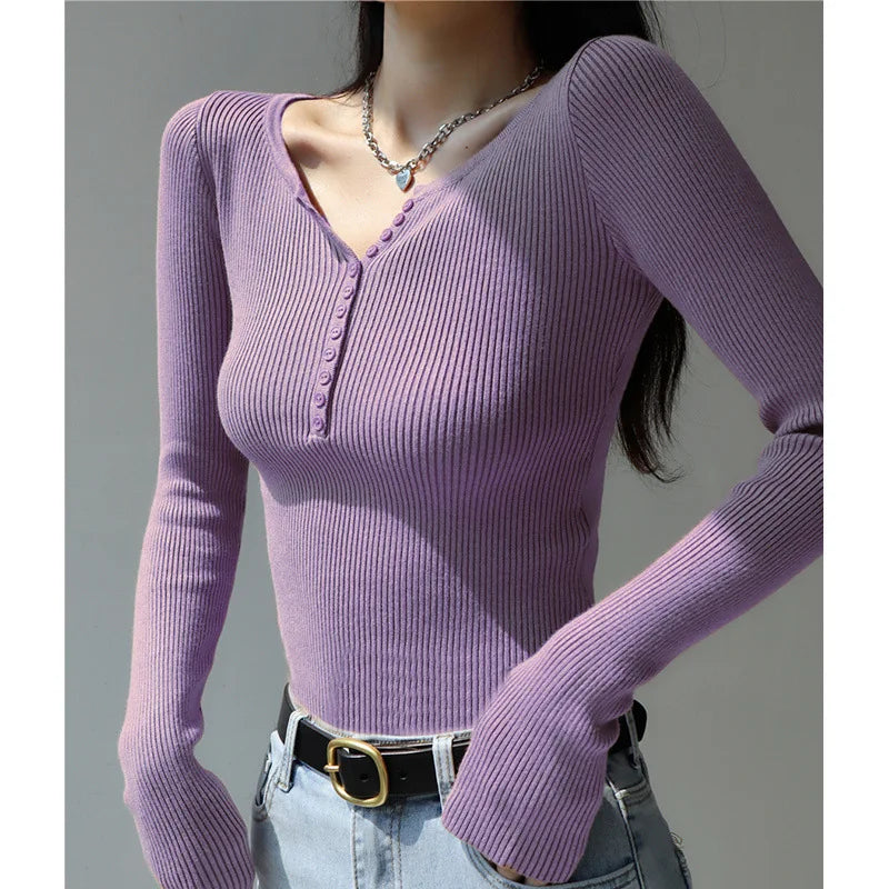 2026 weibliche Casual Tops Pullover Warme V-ausschnitt Frauen Herbst Winter Gestrickte Dünne Pullover Feste Taste Volle Hülse Pullover.