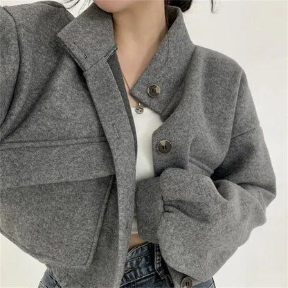 Korean Fashion Herbst Winter Mantel Frauen Neue In Stehen Neck Feste Taste Lose Jacke Dame Casual Straße Outwear Vintage Kleidung.