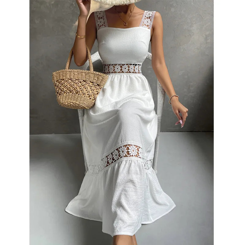 Weiße Lange Kleid Frauen Sommer Sexy Sleeveless Backless Maxi Kleider Damen Elegante Hohle Heraus Spitze Kleid Boho Sommerkleid Vestidos.