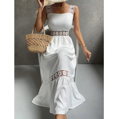 Weiße Lange Kleid Frauen Sommer Sexy Sleeveless Backless Maxi Kleider Damen Elegante Hohle Heraus Spitze Kleid Boho Sommerkleid Vestidos.