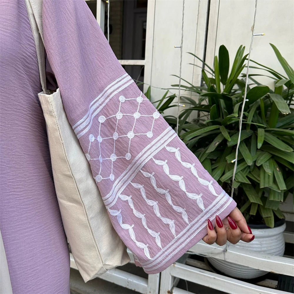 Linen Butterfly Embroidery Open Abaya Dubai Luxury 2024 Muslim Modest Kaftan Kimono Dresses Coat for Women Islam Clothing Kebaya.