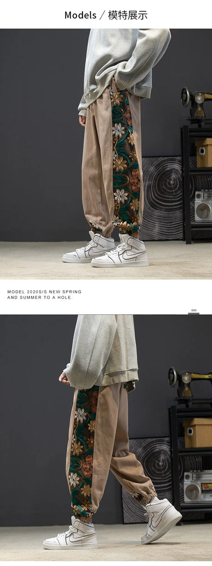 Fashion Casual Pants Men's Clothing Cotton Japanese Samurai Embroidery Patchwork Harem Trousers Oversized Harajuku Joggers Male.