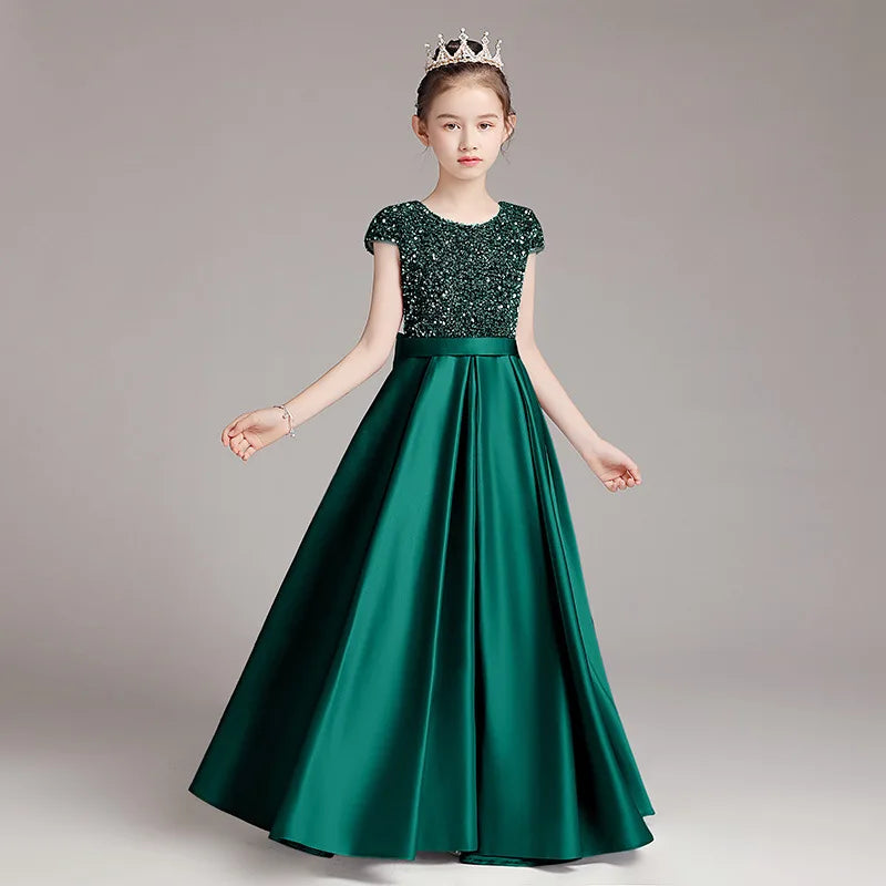 Mädchen-Klavierkleid, graues Pailletten-langes Performance-Kleid, Prinzessinnenkleid, Kinder-Host-Show-Performance-Kleid, Sommer