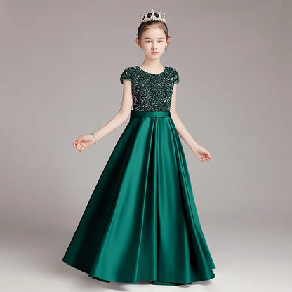 Mädchen-Klavierkleid, graues Pailletten-langes Performance-Kleid, Prinzessinnenkleid, Kinder-Host-Show-Performance-Kleid, Sommer