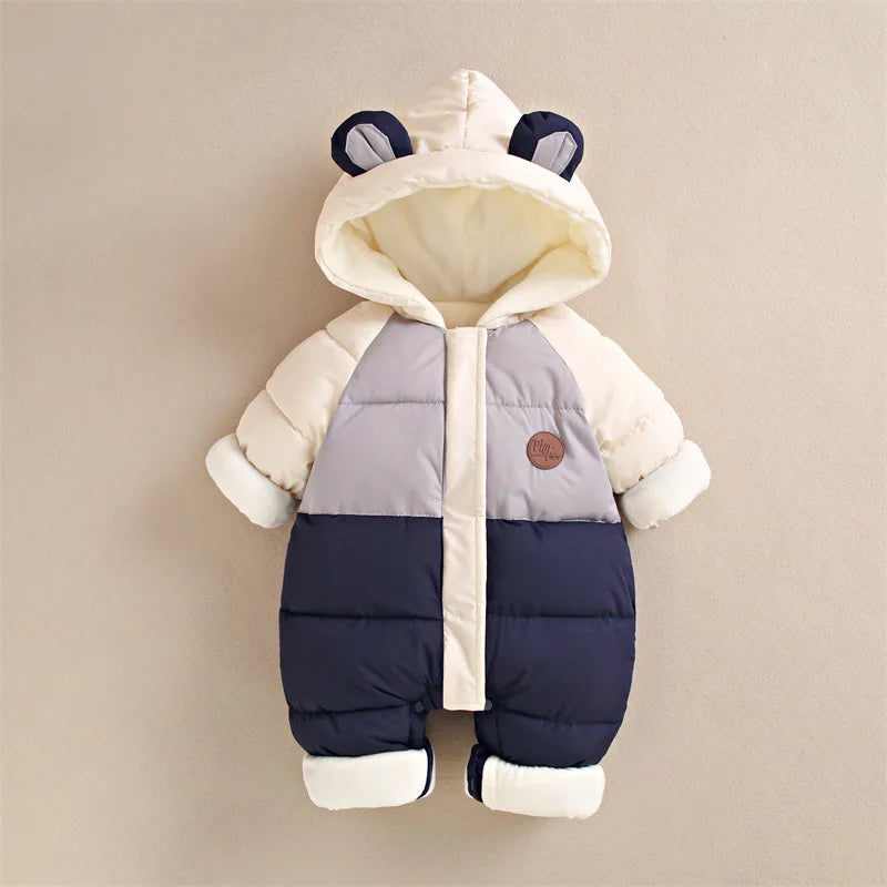 Winter Neue Baby Strampler Jungen Mädchen Patchwork Dicke Plus Samt Overalls Winddicht Mit Kapuze Overalls Schneeanzug Ein Stück Body
