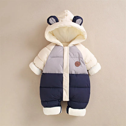 Winter Neue Baby Strampler Jungen Mädchen Patchwork Dicke Plus Samt Overalls Winddicht Mit Kapuze Overalls Schneeanzug Ein Stück Body