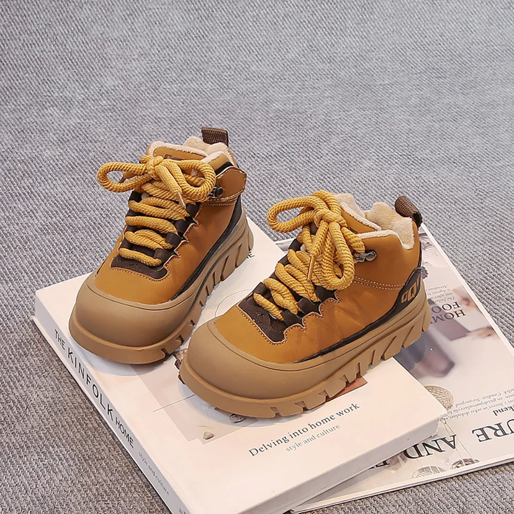 Winter Plush Boots For Children PU Leather Waterproof Boy's Warm Cotton Shoes Thick Warm Platform Teenager Kid's Snow Boots