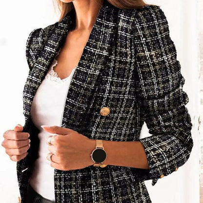 Frauen Herbst Blazer Revers Strickjacke Lange Ärmeln Doppel-breasted Slim Fit Warm Lässige Dick Plaid Print Lady Mantel für arbeit Jacke.