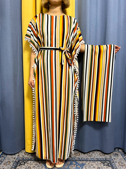 Abayas For Women 2024 Printed Vertical Stripe Tassels Elasticity Loose Fit Femme Robe African Woman Dresses With Belt Headscarf.