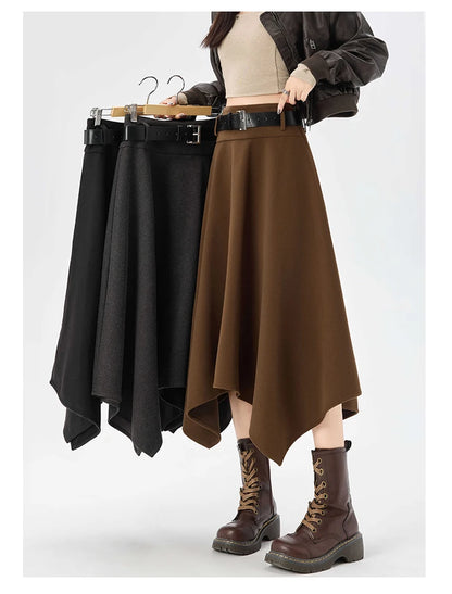 High Quality Irregular Woolen Skirt Women 2025 Autumn Winter New High Waist Slimming Midi Skirt Elegant A-line Faldas with Belt.