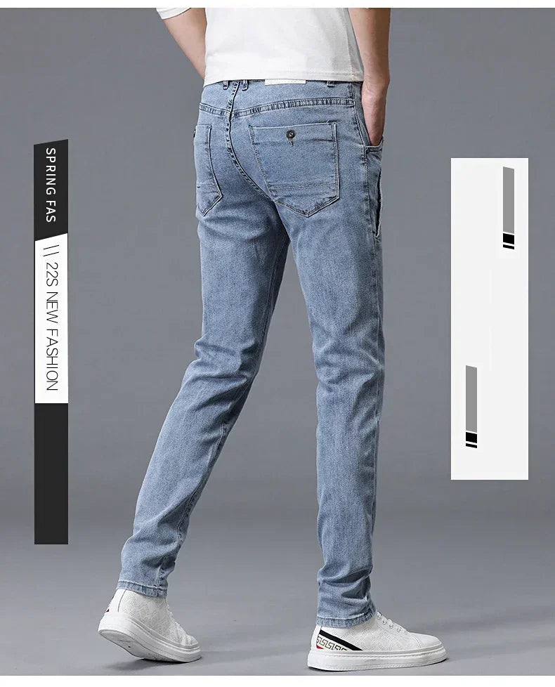 2024 New Men's Skinny Jeans Blue Gray Cotton Elasticity Straight Pencil Foot Slim Fit Fashionable Casual Denim Long Pants Male.