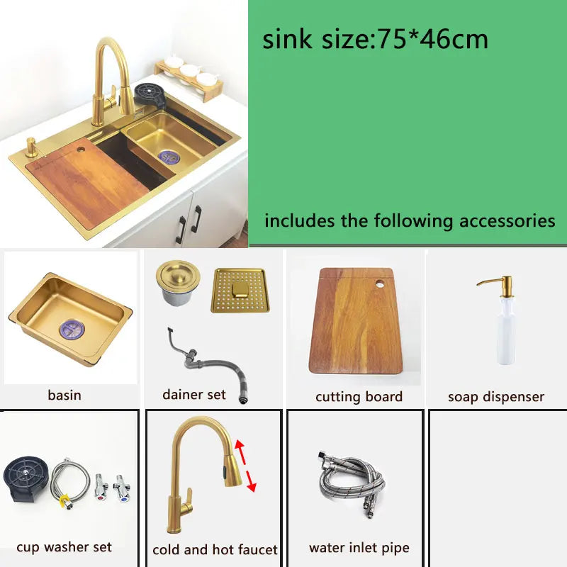 Gold Wasserfall Wasserhahn Küchenspüle Nano Waschbecken 304 Edelstahl Golden Topmount Single Bowl Waschbecken 4-Funktions-Küchenarmatur