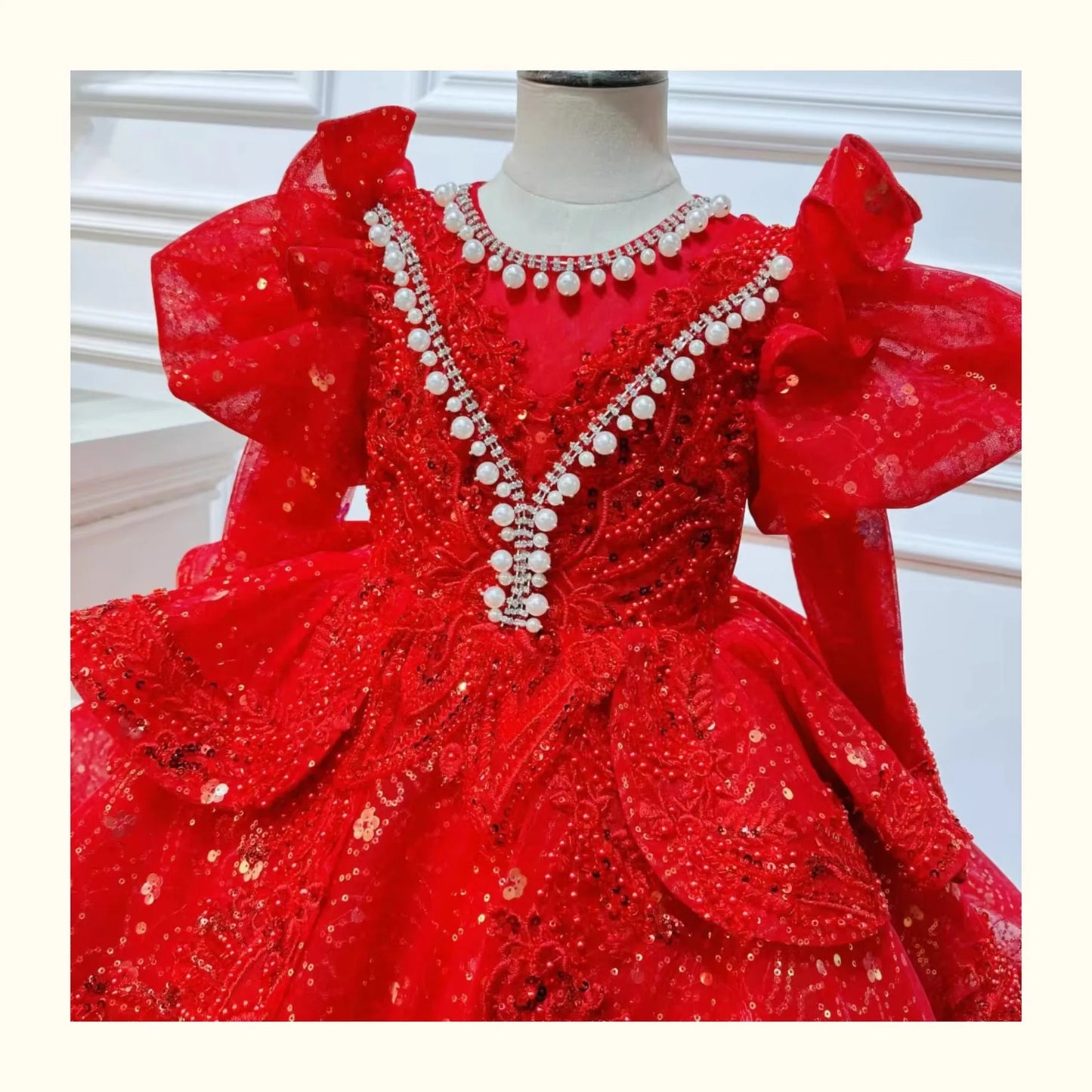 2025, Kinderkleid, Performance-Outfit, Mädchen, Blumenmädchen, Geburtstag, Prinzessinnenkleider, glitzernde Pailletten, bauschiges Kleid, rote Partykleidung für Kinder.
