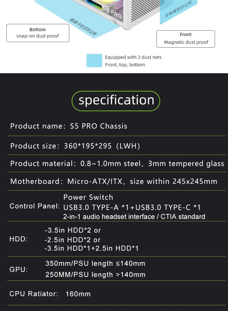 METALFISH S5 PRO 20L Computer Case Gaming PC Chassis Support MATX/ITX SFX/ATX PSU 160mm Tower /180 WaterCooling Cooler.