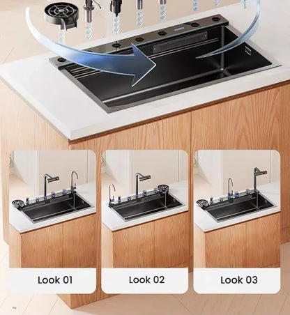 Intelligent Waterfall Stainless Steel Kitchen Sink MultiFunctional Digital Display Porous Large Single Slot Wash Dish Basin