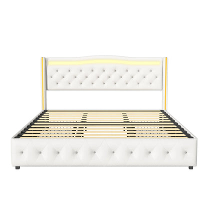 Lazyspace Diamond Embellishment Luxuriöses weißes PU-Polsterbett, Bettrahmen-Kopfteil mit bunten LED-Leuchten und USB-Anschluss
