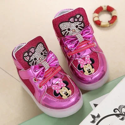 Disney Minnie girl children's sports shoes flashing shoes cartoon LED casual shoes.