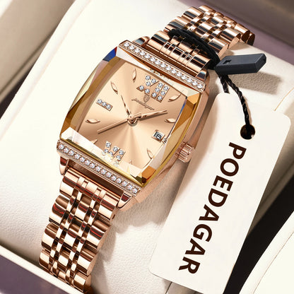 POEDAGAR Diamond Luxury Watch For Woman High Quality Waterproof Date Ladies Quartz Watch Stainless Steel Women Watches Reloj+Box