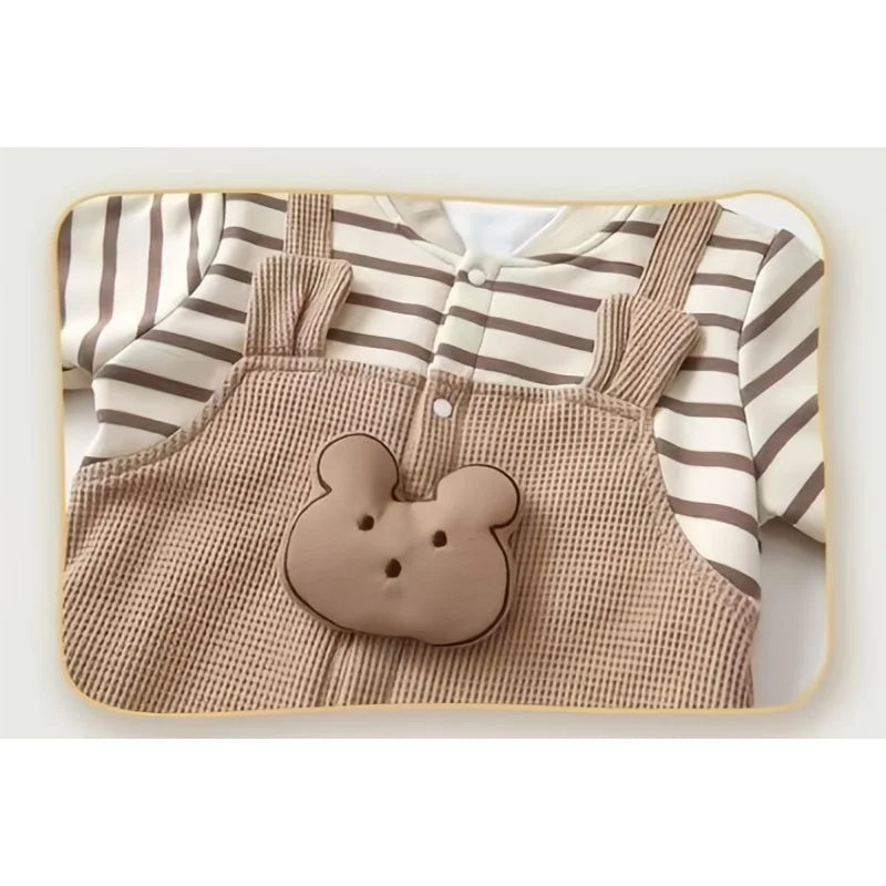 Neugeborene Babykleidung Baby Mädchen Jungen Gestreift 3D Bär Mock 2-teiliger Strampler 0-2Y Kinderkleidung Baumwolle Herbst Winter Overall.