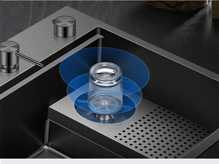 ASRAS New Waterfall Faucet Kitchen Sinks Nanometer Large Size 4mm Panel Handmade Sinks Cup Rinser Kitchen Sinks