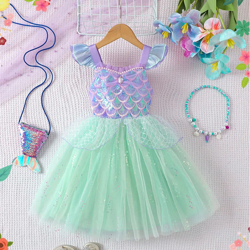 Mädchen Prinzessin Kleider Meerjungfrau Motto Party Sling Mesh Rock Pailletten Leistung Kostüm Geburtstag Kinder Kleidung Perle Säuglings Kleid.