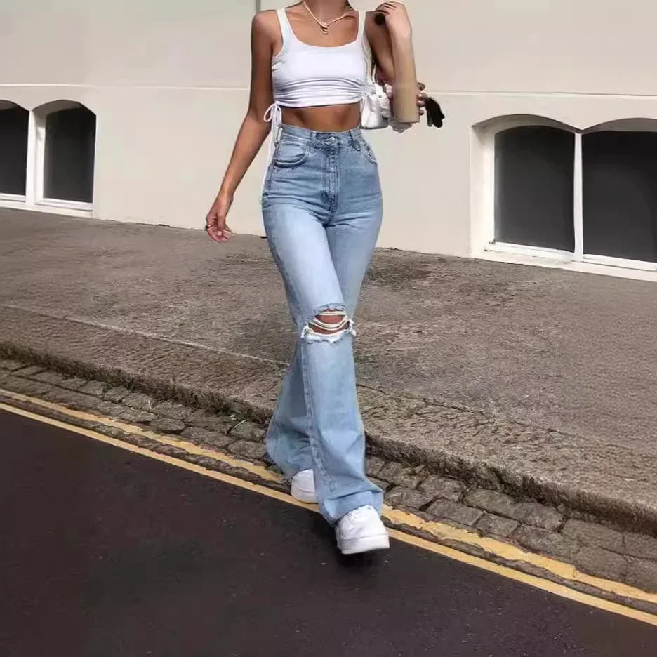 Hole Flare Pants Jean Women Fit Vintage Pockets High Waist Zipper Button Basics Denims Wide Leg Trousers 2025 Casual Jeans.