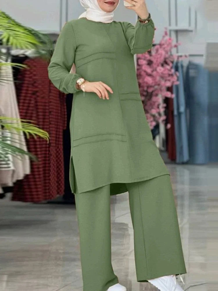 Ramadan Two Piece Sets Shirt Dress &Pants Women Muslim Suits Shirt Blouse Musulman Ensembles Moroccan Kaftan Islamic Dress Sets.