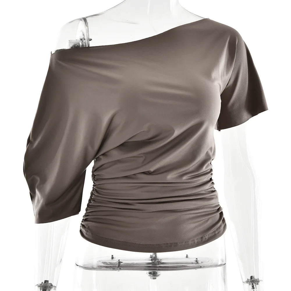 Cryptographic One Shoulder Ruched Asymmetrical Tops for Women Outfits Sexy Short Sleeve Casual Tops Slim T-shirts Summer Clothes.