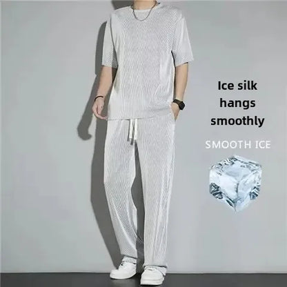 High-End Ice Silk Men's Sports Suit Casual Home Use Long Pants Short Sleeves Quick Drying Top Set Summer Collection.