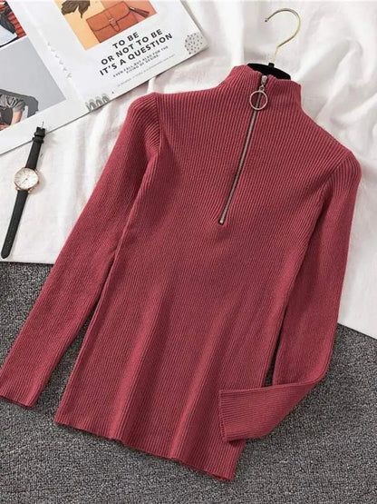 Frauen Fashion Solid Strick Pullover Vintage Langarm Zip-up Grundlegende Hälfte Rollkragenpullover Weibliche Pullover Chic Casual Tops