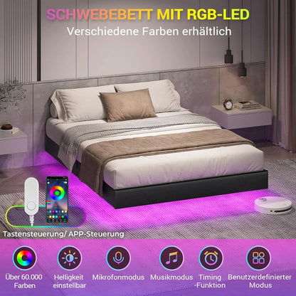 Bett 140x200 mit verstellbarer Beleuchtung, Bettgestell 140x200 mit weicher Polsterung, schwebender Bettrahmen, gepolsterte Jugendbe