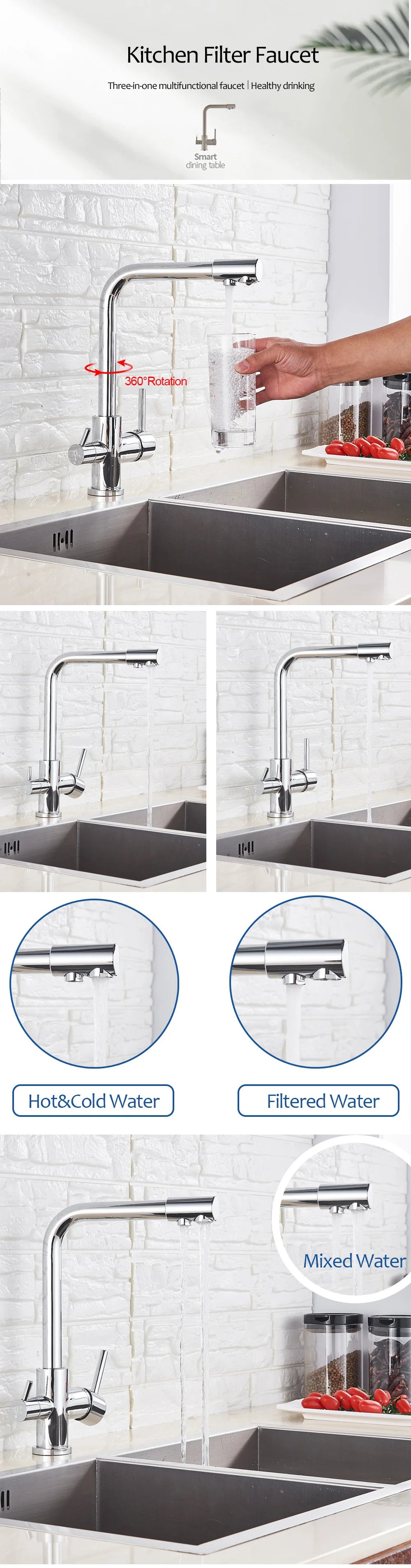 Chrome Brass Pure Water Kitchen Faucet Dual Handle Hot and Cold Drinking Water 3-way Filter Kitchen Purified Mixer Taps