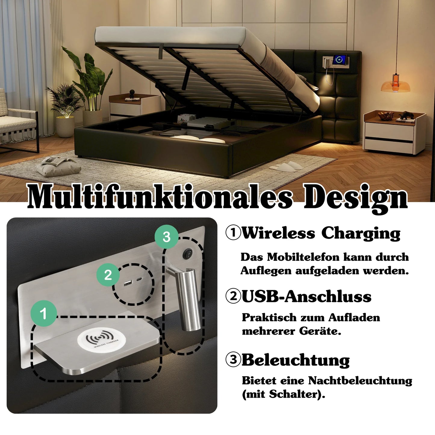 Polsterbett 180 x 200 cm, hydraulisches Bett, mit USB-Anschluss, kabelloses Laden und beleuchteter Lampe, mit Stauraum