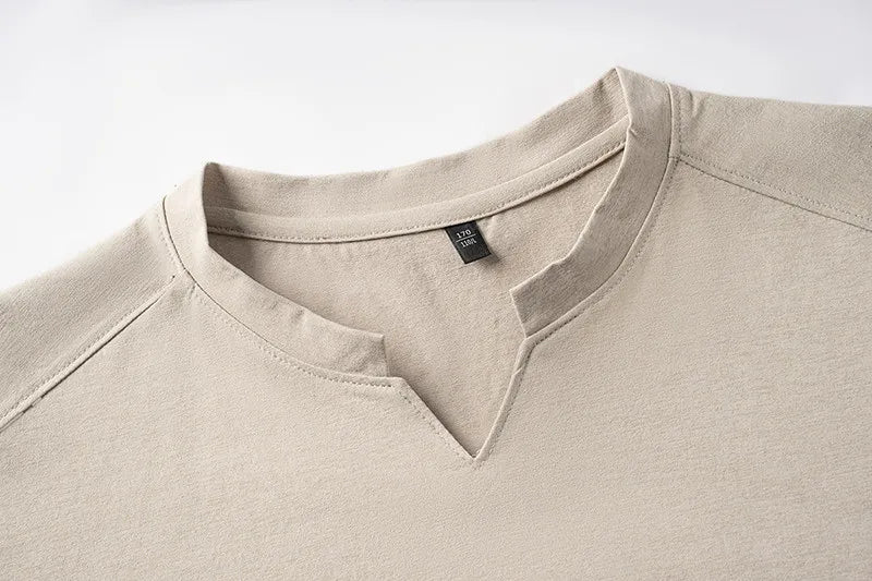 Korean Men's Casual and Fashionable Small V-neck Solid Color Short Sleeved T-shirt Comfortable Summer Versatile Top