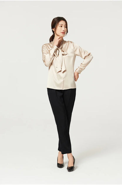 Heavyweight Mulberry Silk Shirt Women's 2025 Spring And Autumn New Long Sleeve Satin Silk Blouse V-neck Bow Ribbon Shirt