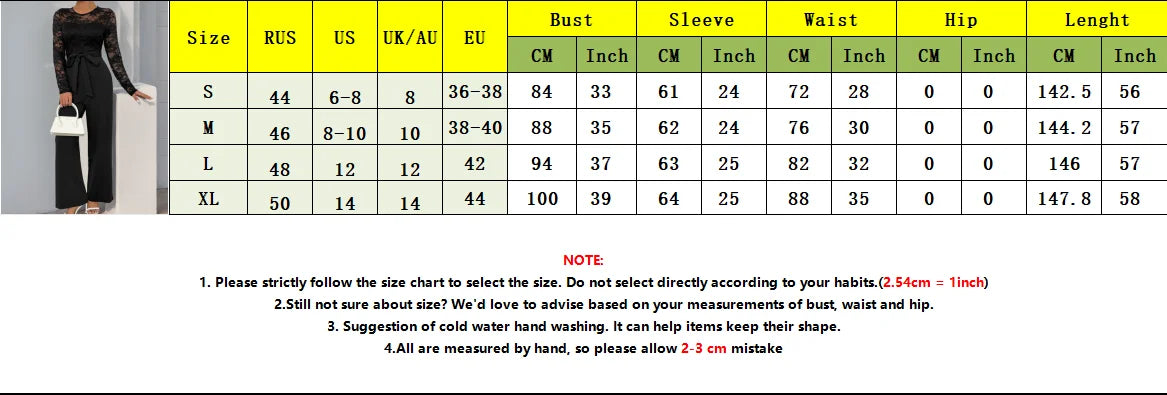 Spring New Women's Sexy Lace Spliced Long Jumpsuit Fashion Solid Color Hollow Long Sleeve Casual Laces Wide Leg Jumpsuit Women.