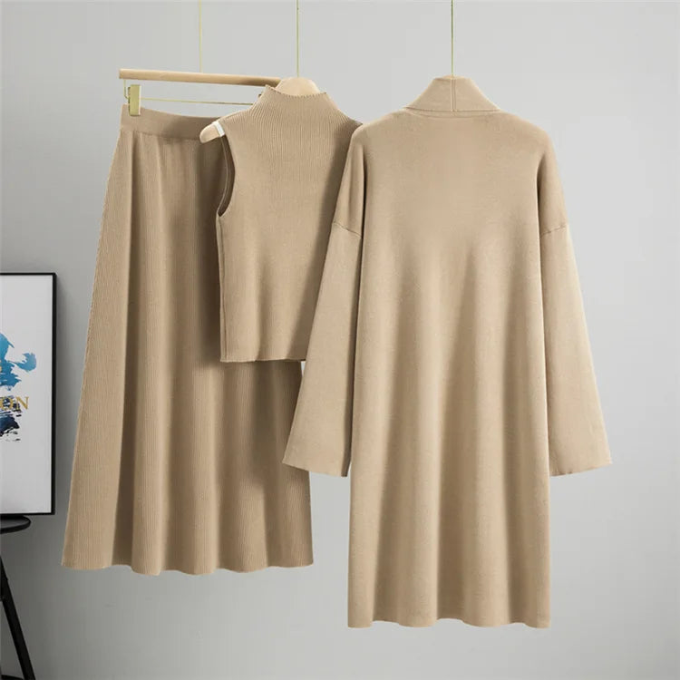 Women Knitted Sweater Muslim 3 Piece Set Long Cardigan Coat Skirt Vest Suit Knit Skirts Outfits Morocco Tracksuit Autumn Winter.