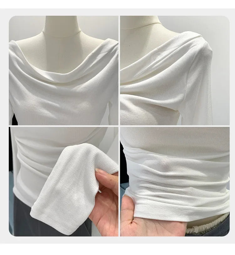 Off-The-Shoulder Long Sleeve T-Shirt Women's Early Autumn New Slimming Design Korean Style Sweet And Spicy Fashion Tops.