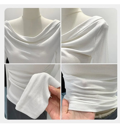 Off-The-Shoulder Long Sleeve T-Shirt Women's Early Autumn New Slimming Design Korean Style Sweet And Spicy Fashion Tops.