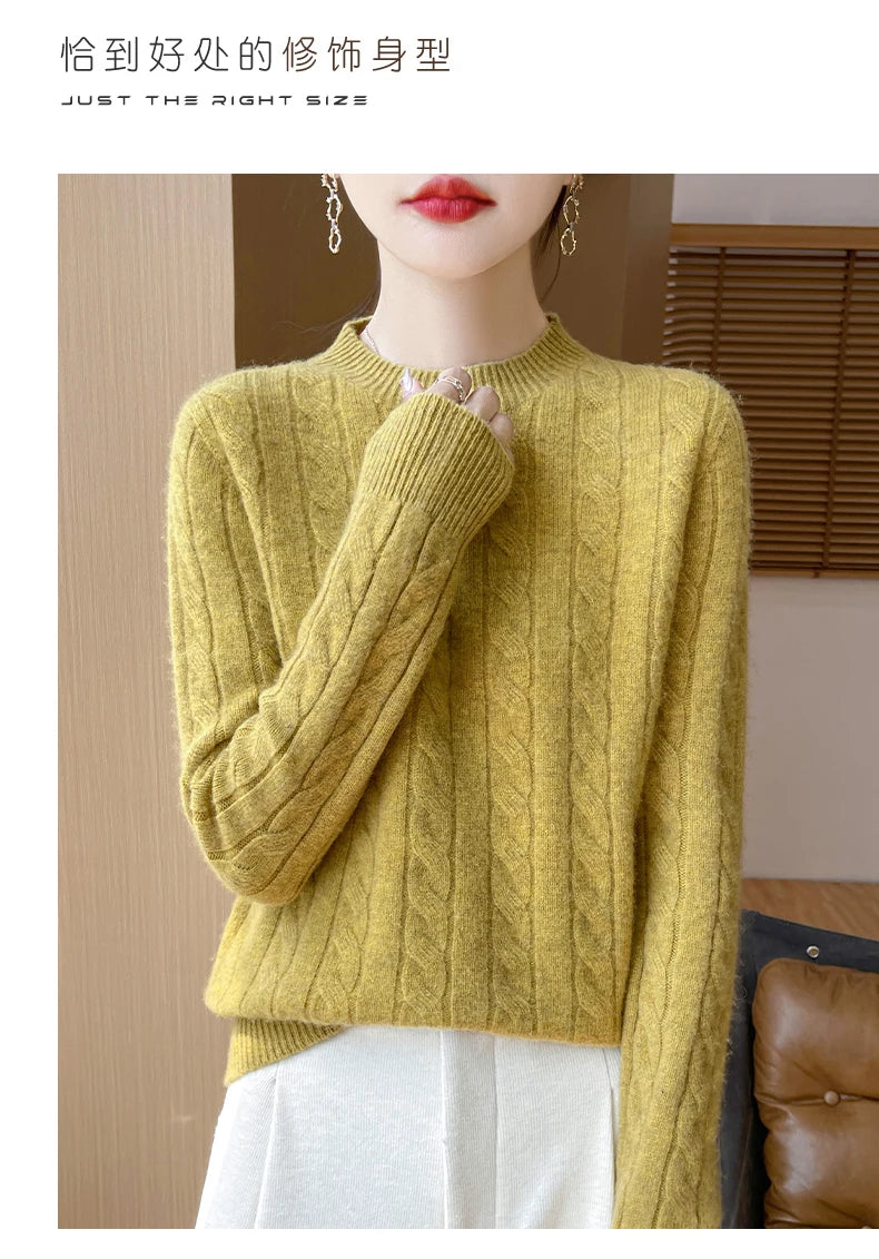 Frauen 100% Merino Wolle Verdickung Pullover Oansatz Gestrickte Twisted Pullover Herbst Winter Kaschmir Langarm Kleidung Basis Tops