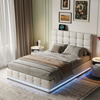 Anajqaqia Doppelbettgestell, mit LED-Beleuchtung und hydraulischem Bettrahmen, 140 x 200 cm, Weiß